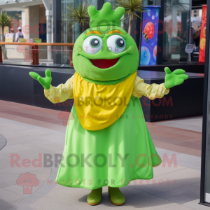 Lime Green Fried Calamari mascot costume character dressed with a Wrap Dress and Rings