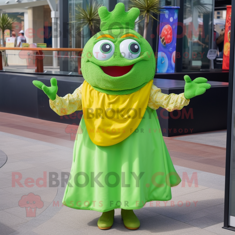 Lime Green Fried Calamari mascot costume character dressed with a Wrap Dress and Rings