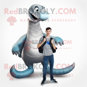 Silver Diplodocus mascot costume character dressed with a Skinny Jeans and Backpacks