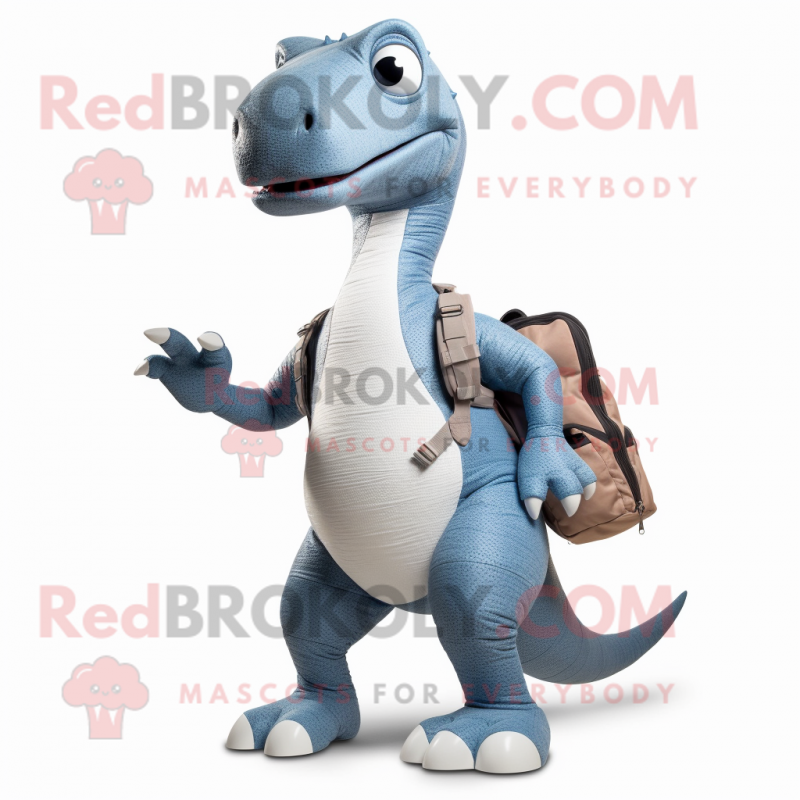 Silver Diplodocus mascot costume character dressed with a Skinny Jeans and Backpacks Silver Diplodocus mascot costume character dressed with a Skinny Jeans and Backpacks