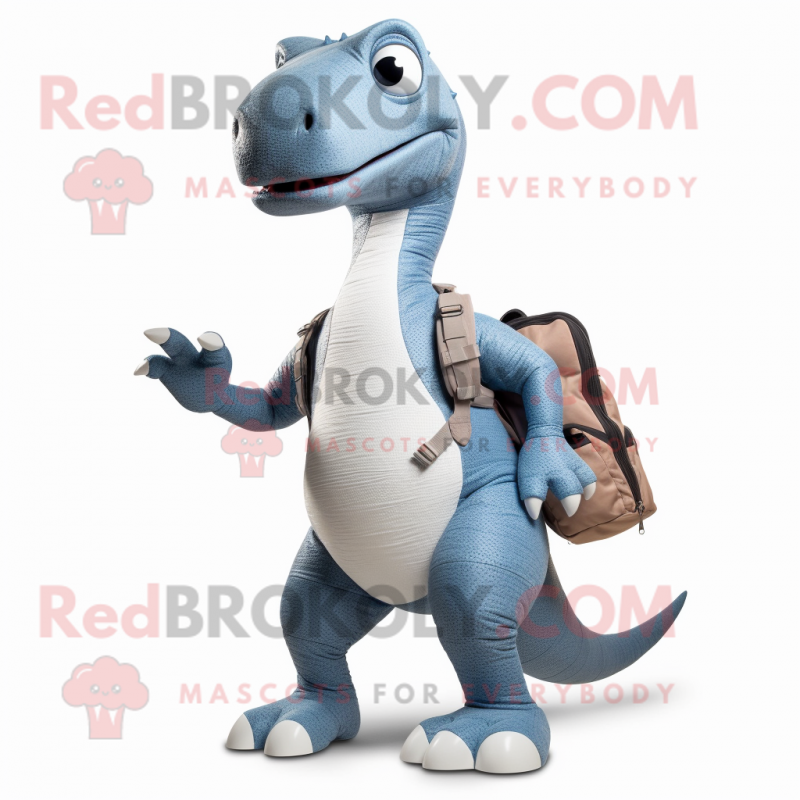 Silver Diplodocus mascot costume character dressed with a Skinny Jeans and Backpacks