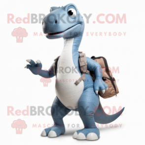 Silver Diplodocus mascot costume character dressed with a Skinny Jeans and Backpacks