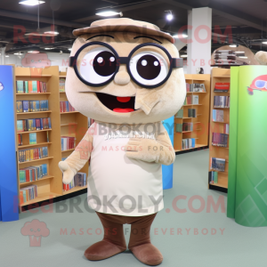 Beige Pho mascot costume character dressed with a Capri Pants and Reading glasses