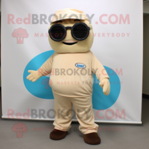 Beige Pho mascot costume character dressed with a Capri Pants and Reading glasses