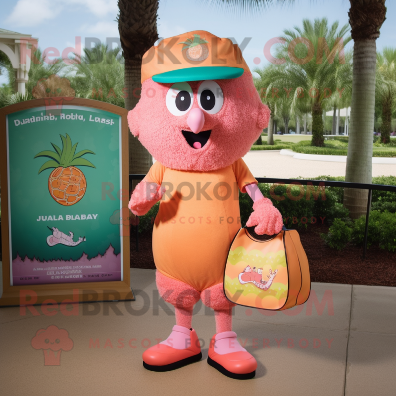 Peach Jambalaya mascot costume character dressed with a Bermuda Shorts and Handbags Peach Jambalaya mascot costume character dressed with a Bermuda Shorts and Handbags