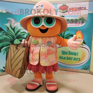 Peach Jambalaya mascot costume character dressed with a Bermuda Shorts and Handbags