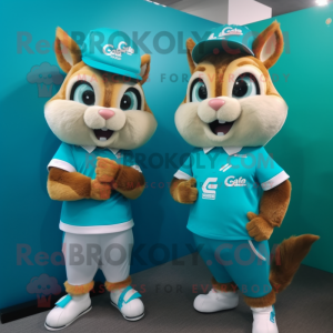 Cyan Chipmunk mascot costume character dressed with a T-Shirt and Digital watches