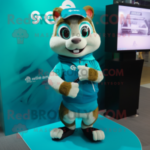 Cyan Chipmunk mascot costume character dressed with a T-Shirt and Digital watches