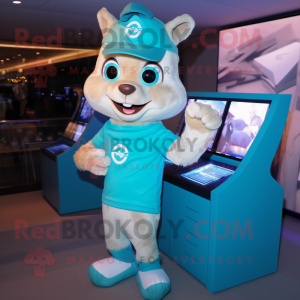 Cyan Chipmunk mascot costume character dressed with a T-Shirt and Digital watches