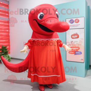 Red Whale mascot costume character dressed with a Dress and Beanies