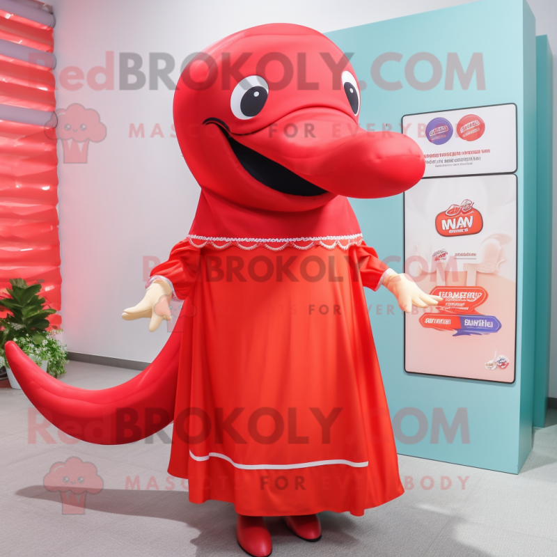 Red Whale mascot costume character dressed with a Dress and Beanies Red Whale mascot costume character dressed with a Dress and Beanies