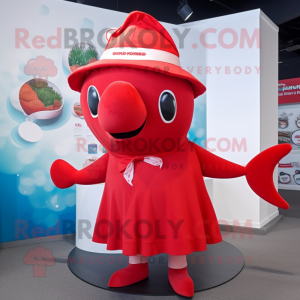 Red Whale mascot costume character dressed with a Dress and Beanies