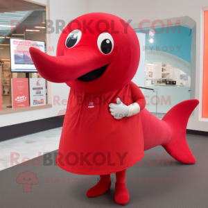 Red Whale mascot costume character dressed with a Dress and Beanies