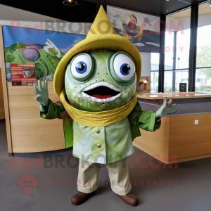 Olive Fish Tacos mascot costume character dressed with a Poplin Shirt and Rings