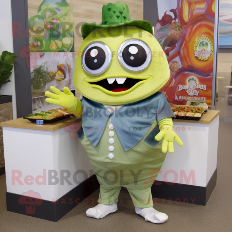 Olive Fish Tacos mascot costume character dressed with a Poplin Shirt and Rings Olive Fish Tacos mascot costume character dressed with a Poplin Shirt and Rings