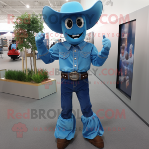 Blue Cowboy mascot costume character dressed with a Poplin Shirt and Foot pads