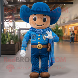 Blue Cowboy mascot costume character dressed with a Poplin Shirt and Foot pads