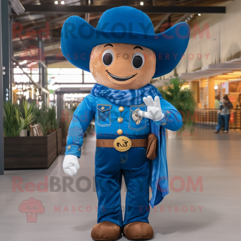 Blue Cowboy mascot costume character dressed with a Poplin Shirt and Foot pads Blue Cowboy mascot costume character dressed with a Poplin Shirt and Foot pads