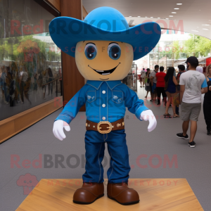 Blue Cowboy mascot costume character dressed with a Poplin Shirt and Foot pads