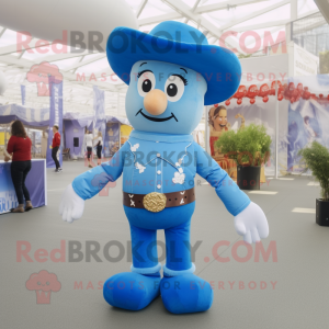 Blue Cowboy mascot costume character dressed with a Poplin Shirt and Foot pads