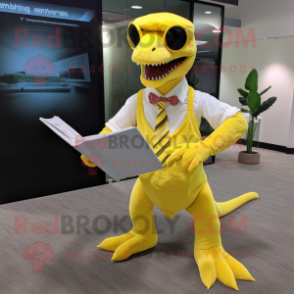 Lemon Yellow Velociraptor mascot costume character dressed with a Dress Shirt and Reading glasses