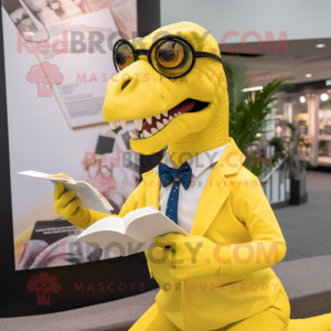 Lemon Yellow Velociraptor mascot costume character dressed with a Dress Shirt and Reading glasses