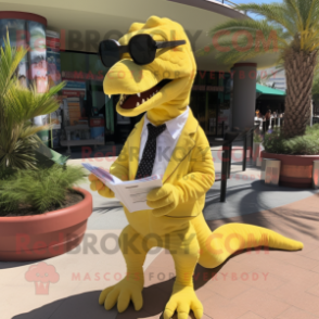 Lemon Yellow Velociraptor mascot costume character dressed with a Dress Shirt and Reading glasses