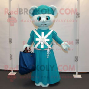 Cyan Celtic Cross mascot costume character dressed with a Empire Waist Dress and Tote bags