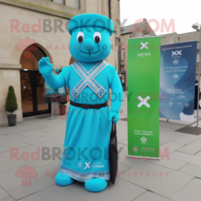 Cyan Celtic Cross mascot costume character dressed with a Empire Waist Dress and Tote bags