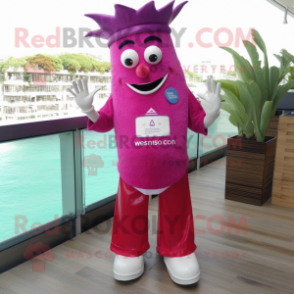 Magenta Ceviche mascot costume character dressed with a Bootcut Jeans and Bracelet watches
