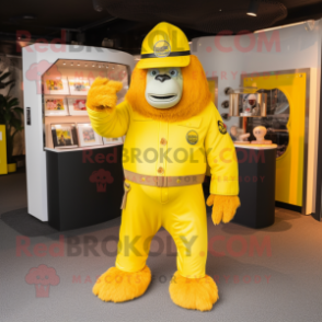 Yellow Gorilla mascot costume character dressed with a Trousers and Hat pins