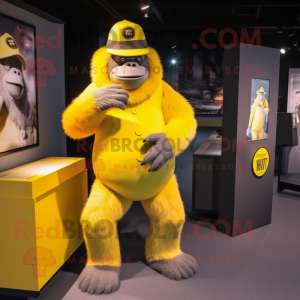 Yellow Gorilla mascot costume character dressed with a Trousers and Hat pins