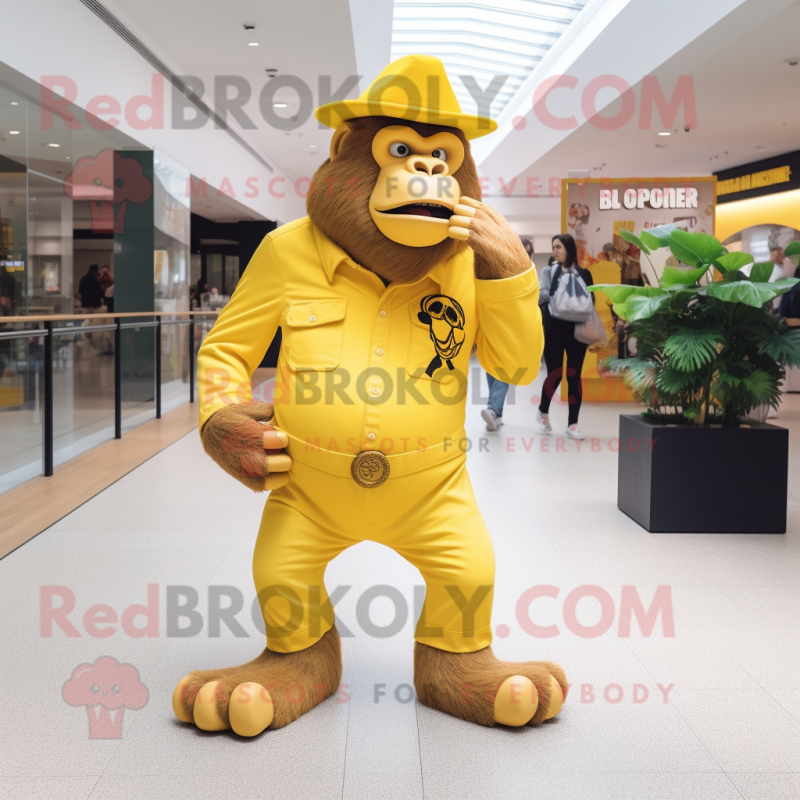 Yellow Gorilla mascot costume character dressed with a Trousers and Hat pins