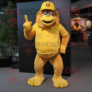 Yellow Gorilla mascot costume character dressed with a Trousers and Hat pins