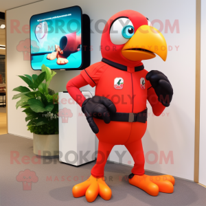 Red Toucan mascot costume character dressed with a Jumpsuit and Smartwatches