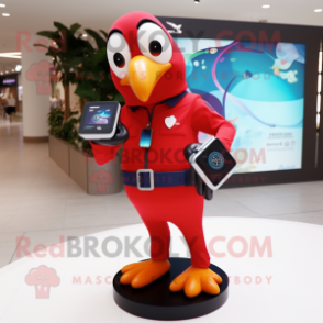 Red Toucan mascot costume character dressed with a Jumpsuit and Smartwatches