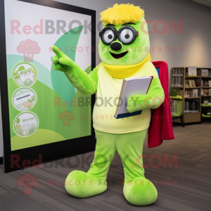 Lime Green Shepard'S Pie mascot costume character dressed with a Yoga Pants and Reading glasses