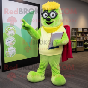 Lime Green Shepard'S Pie mascot costume character dressed with a Yoga Pants and Reading glasses