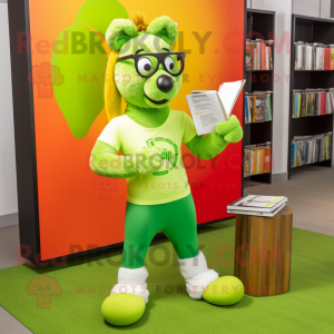 Lime Green Shepard'S Pie mascot costume character dressed with a Yoga Pants and Reading glasses