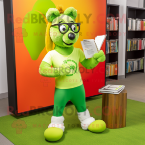 Lime Green Shepard'S Pie mascot costume character dressed with a Yoga Pants and Reading glasses