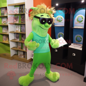 Lime Green Shepard'S Pie mascot costume character dressed with a Yoga Pants and Reading glasses