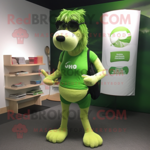 Lime Green Shepard'S Pie mascot costume character dressed with a Yoga Pants and Reading glasses