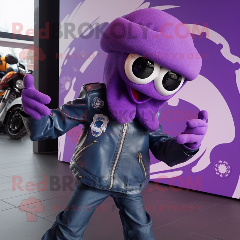 Purple Octopus mascot costume character dressed with a Moto Jacket and Berets