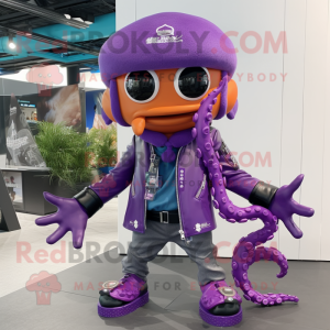 Purple Octopus mascot costume character dressed with a Moto Jacket and Berets