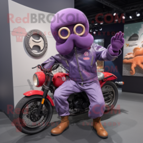 Purple Octopus mascot costume character dressed with a Moto Jacket and Berets