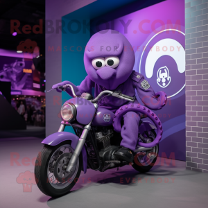 Purple Octopus mascot costume character dressed with a Moto Jacket and Berets
