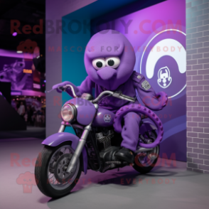 Purple Octopus mascot costume character dressed with a Moto Jacket and Berets