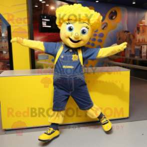 Yellow Irish Dancing Shoes mascot costume character dressed with a Denim Shorts and Bracelets