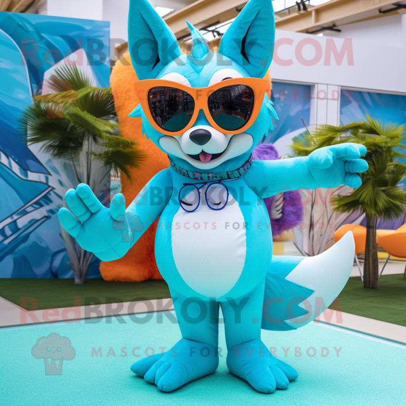 Cyan Fox mascot costume character dressed with a Bikini and Sunglasses