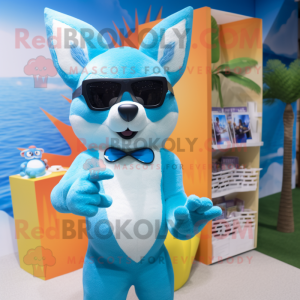 Cyan Fox mascot costume character dressed with a Bikini and Sunglasses